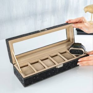 باکس ساعت چرمی مشکی شطرنجی 6 بخشی-کد00773
