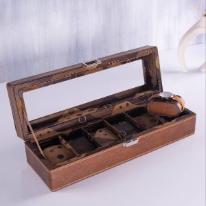 باکس ساعت چرمی قهوه ای طرحدار-کد00774