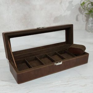 باکس ساعت چرمی قهوه ای تیره 6 بخشی-کد00777