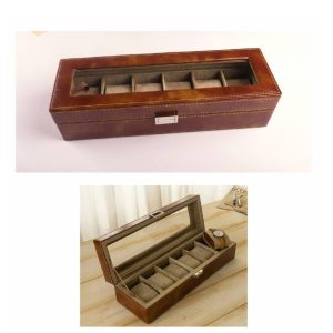 باکس ساعت چرمی 6 بخشی قهوه ای-کد210
